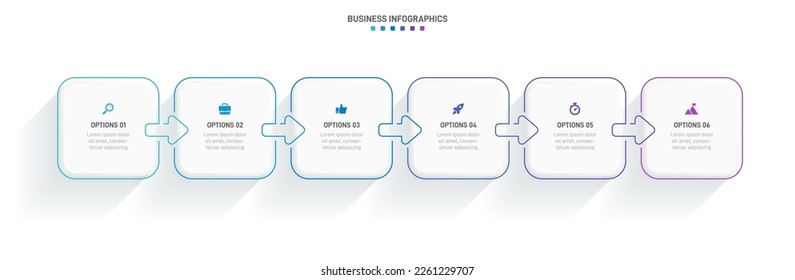 Timeline infographic with infochart. Modern presentation template with 6 spets for business process. Website template on white background for concept modern design. Horizontal layout.