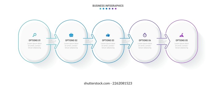 Timeline infographic with infochart. Modern presentation template with 5 spets for business process. Website template on white background for concept modern design. Horizontal layout.