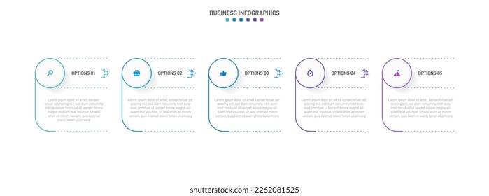 Timeline infographic with infochart. Modern presentation template with 5 spets for business process. Website template on white background for concept modern design. Horizontal layout.