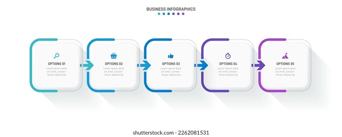 Timeline infographic with infochart. Modern presentation template with 5 spets for business process. Website template on white background for concept modern design. Horizontal layout.