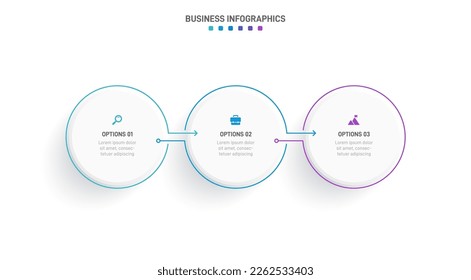 Timeline infographic with infochart. Modern presentation template with 3 spets for business process. Website template on white background for concept modern design. Horizontal layout.