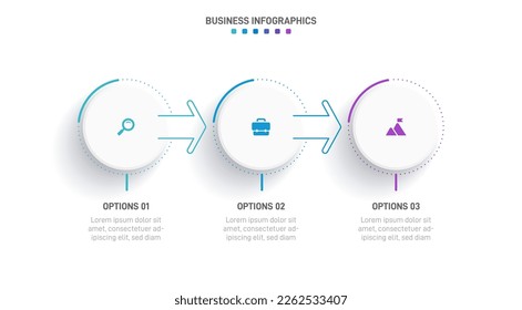 Timeline infographic with infochart. Modern presentation template with 3 spets for business process. Website template on white background for concept modern design. Horizontal layout.