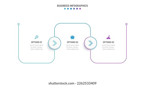 Timeline infographic with infochart. Modern presentation template with 3 spets for business process. Website template on white background for concept modern design. Horizontal layout.