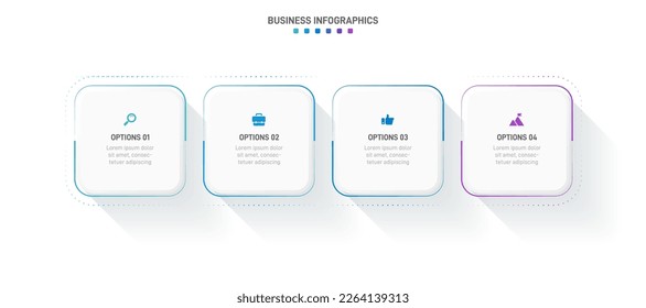 Timeline infographic with infochart. Modern presentation template with 4 spets for business process. Website template on white background for concept modern design. Horizontal layout.