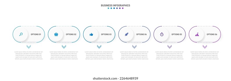 Timeline infographic with infochart. Modern presentation template with 6 spets for business process. Website template on white background for concept modern design. Horizontal layout.