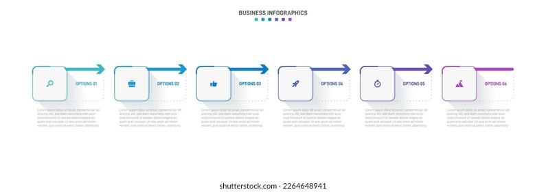 Timeline infographic with infochart. Modern presentation template with 6 spets for business process. Website template on white background for concept modern design. Horizontal layout.