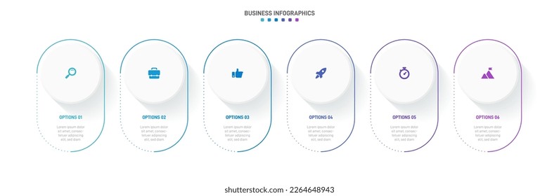 Timeline infographic with infochart. Modern presentation template with 6 spets for business process. Website template on white background for concept modern design. Horizontal layout.