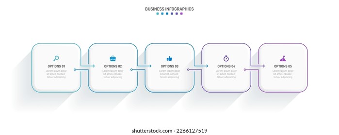 Timeline infographic with infochart. Modern presentation template with 5 spets for business process. Website template on white background for concept modern design. Horizontal layout.