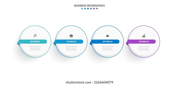 Timeline infographic with infochart. Modern presentation template with 4 spets for business process. Website template on white background for concept modern design. Horizontal layout.