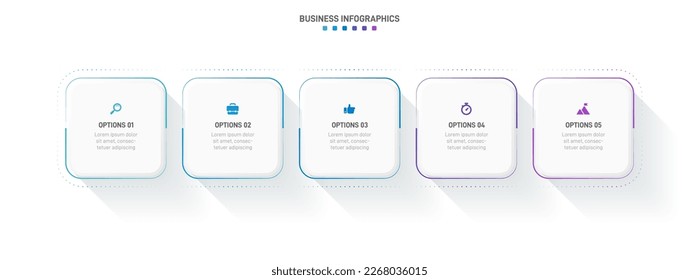 Timeline infographic with infochart. Modern presentation template with 5 spets for business process. Website template on white background for concept modern design. Horizontal layout.