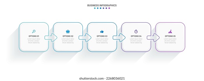 Timeline infographic with infochart. Modern presentation template with 5 spets for business process. Website template on white background for concept modern design. Horizontal layout.