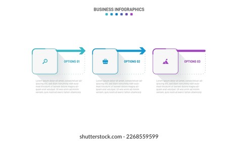 Timeline infographic with infochart. Modern presentation template with 3 spets for business process. Website template on white background for concept modern design. Horizontal layout.