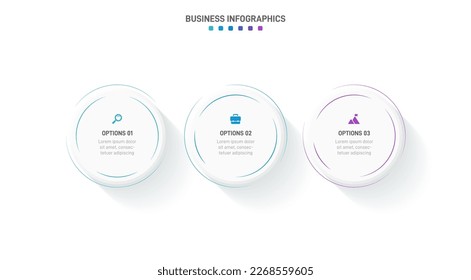 Timeline infographic with infochart. Modern presentation template with 3 spets for business process. Website template on white background for concept modern design. Horizontal layout.