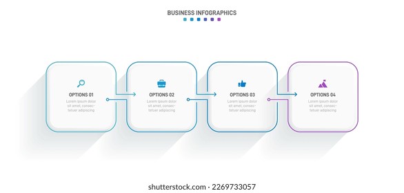 Timeline infographic with infochart. Modern presentation template with 4 spets for business process. Website template on white background for concept modern design. Horizontal layout.