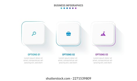 Timeline infographic with infochart. Modern presentation template with 3 spets for business process. Website template on white background for concept modern design. Horizontal layout.