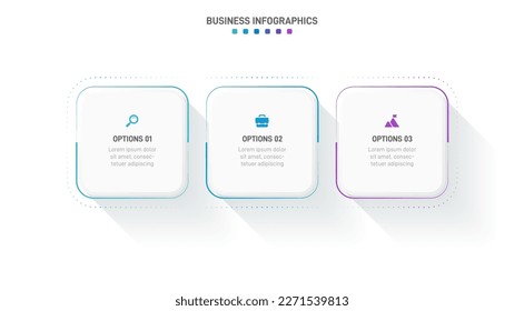 Timeline infographic with infochart. Modern presentation template with 3 spets for business process. Website template on white background for concept modern design. Horizontal layout.