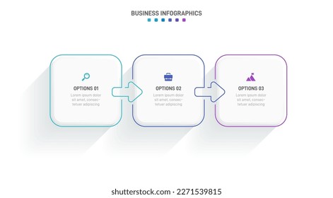 Timeline infographic with infochart. Modern presentation template with 3 spets for business process. Website template on white background for concept modern design. Horizontal layout.