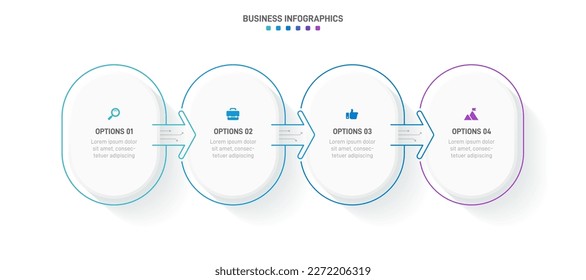 Timeline infographic with infochart. Modern presentation template with 4 spets for business process. Website template on white background for concept modern design. Horizontal layout.