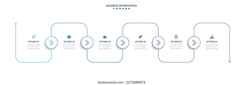 Timeline infographic with infochart. Modern presentation template with 6 spets for business process. Website template on white background for concept modern design. Horizontal layout.