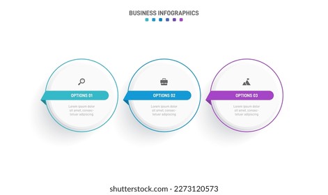 Timeline infographic with infochart. Modern presentation template with 3 spets for business process. Website template on white background for concept modern design. Horizontal layout.