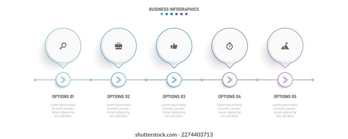 Timeline infographic with infochart. Modern presentation template with 5 spets for business process. Website template on white background for concept modern design. Horizontal layout.