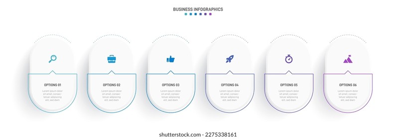 Infografía de la línea de tiempo con infografía. Moderna plantilla de presentación con 6 velocidades para procesos de negocios. Plantilla de sitio web sobre fondo blanco para el concepto de diseño moderno. Diseño horizontal.