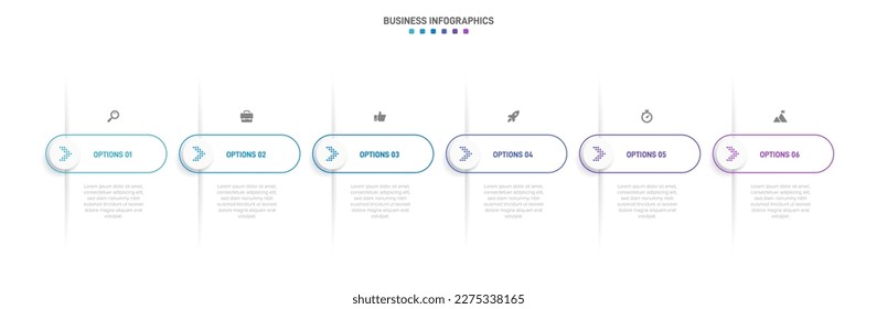 Timeline infographic with infochart. Modern presentation template with 6 spets for business process. Website template on white background for concept modern design. Horizontal layout.