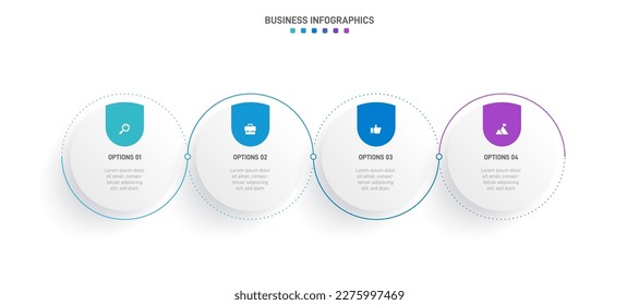 Timeline infographic with infochart. Modern presentation template with 4 spets for business process. Website template on white background for concept modern design. Horizontal layout.