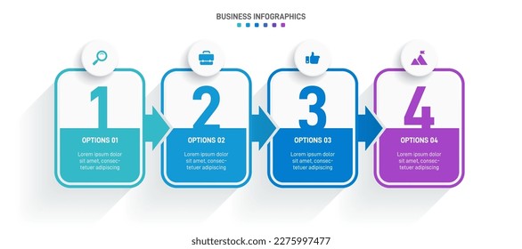 Timeline infographic with infochart. Modern presentation template with 4 spets for business process. Website template on white background for concept modern design. Horizontal layout.