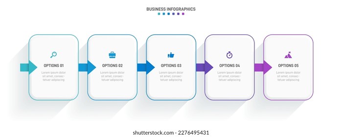 Timeline infographic with infochart. Modern presentation template with 5 spets for business process. Website template on white background for concept modern design. Horizontal layout.