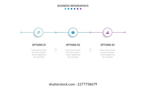 Timeline infographic with infochart. Modern presentation template with 3 spets for business process. Website template on white background for concept modern design. Horizontal layout.