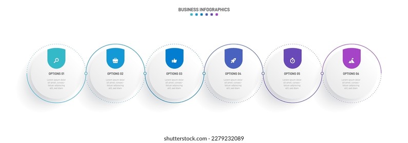 Timeline infographic with infochart. Modern presentation template with 6 spets for business process. Website template on white background for concept modern design. Horizontal layout.