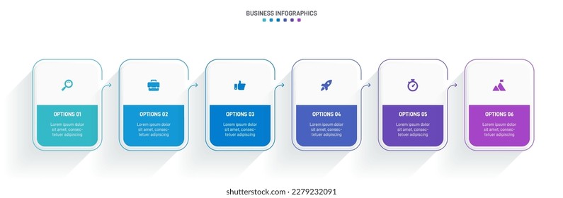 Timeline infographic with infochart. Modern presentation template with 6 spets for business process. Website template on white background for concept modern design. Horizontal layout.