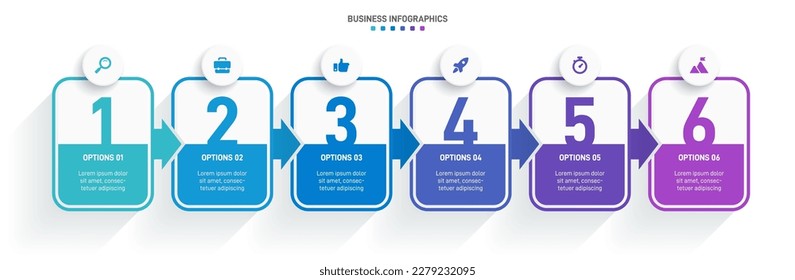 Timeline infographic with infochart. Modern presentation template with 6 spets for business process. Website template on white background for concept modern design. Horizontal layout.