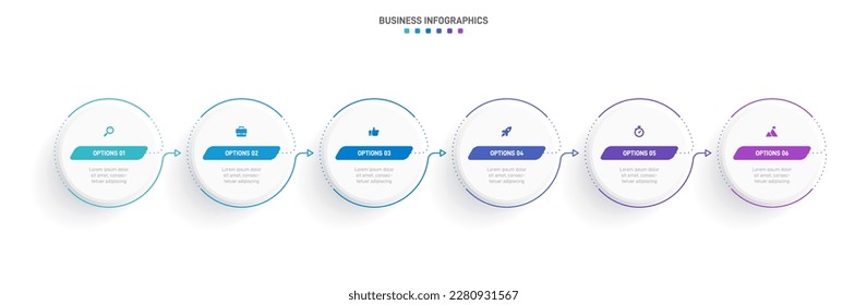 Timeline infographic with infochart. Modern presentation template with 6 spets for business process. Website template on white background for concept modern design. Horizontal layout.