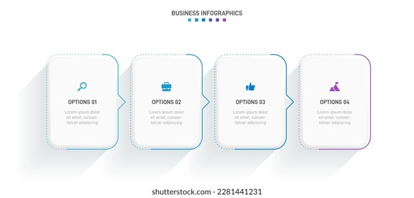 Timeline infographic with infochart. Modern presentation template with 4 spets for business process. Website template on white background for concept modern design. Horizontal layout.