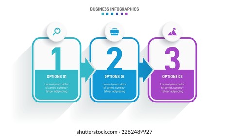 Timeline infographic with infochart. Modern presentation template with 3 spets for business process. Website template on white background for concept modern design. Horizontal layout.