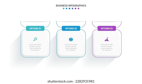 Timeline infographic with infochart. Modern presentation template with 3 spets for business process. Website template on white background for concept modern design. Horizontal layout.