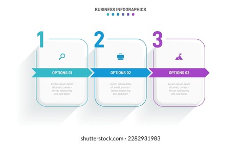 Timeline infographic with infochart. Modern presentation template with 3 spets for business process. Website template on white background for concept modern design. Horizontal layout.