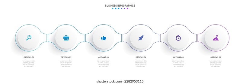 Timeline infographic with infochart. Modern presentation template with 6 spets for business process. Website template on white background for concept modern design. Horizontal layout.