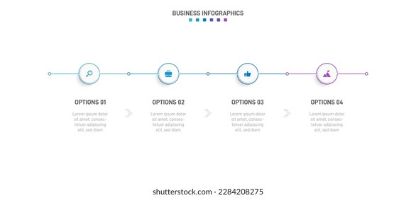 Timeline infographic with infochart. Modern presentation template with 4 spets for business process. Website template on white background for concept modern design. Horizontal layout.