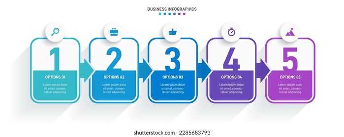 Timeline infographic with infochart. Modern presentation template with 5 spets for business process. Website template on white background for concept modern design. Horizontal layout.