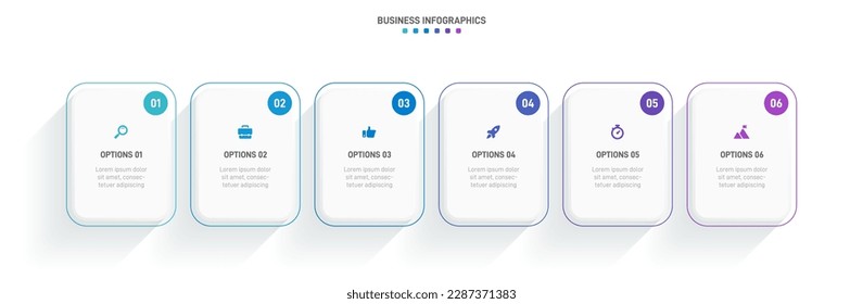Timeline infographic with infochart. Modern presentation template with 6 spets for business process. Website template on white background for concept modern design. Horizontal layout.