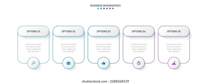 Timeline infographic with infochart. Modern presentation template with 5 spets for business process. Website template on white background for concept modern design. Horizontal layout.