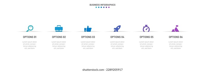 Infografía de la línea de tiempo con infografía. Moderna plantilla de presentación con 6 velocidades para procesos de negocios. Plantilla de sitio web sobre fondo blanco para el concepto de diseño moderno. Diseño horizontal.