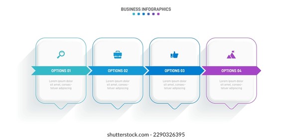 Infografía de la línea de tiempo con infografía. Moderna plantilla de presentación con 4 velocidades para procesos de negocios. Plantilla de sitio web sobre fondo blanco para el concepto de diseño moderno. Diseño horizontal.