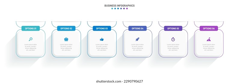 Timeline infographic with infochart. Modern presentation template with 6 spets for business process. Website template on white background for concept modern design. Horizontal layout.