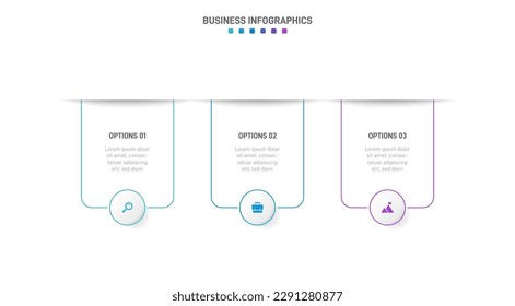 Timeline infographic with infochart. Modern presentation template with 3 spets for business process. Website template on white background for concept modern design. Horizontal layout.