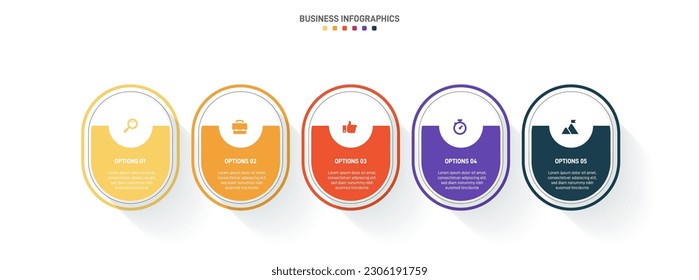 Timeline infographic with infochart. Modern presentation template with 5 spets for business process. Website template on white background for concept modern design. Horizontal layout.
