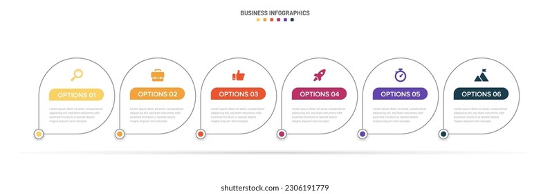 Timeline infographic with infochart. Modern presentation template with 6 spets for business process. Website template on white background for concept modern design. Horizontal layout.